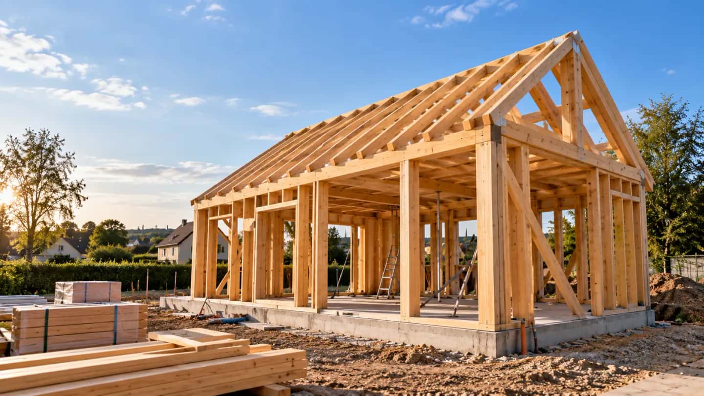 Maison en construction avec charpente en bois