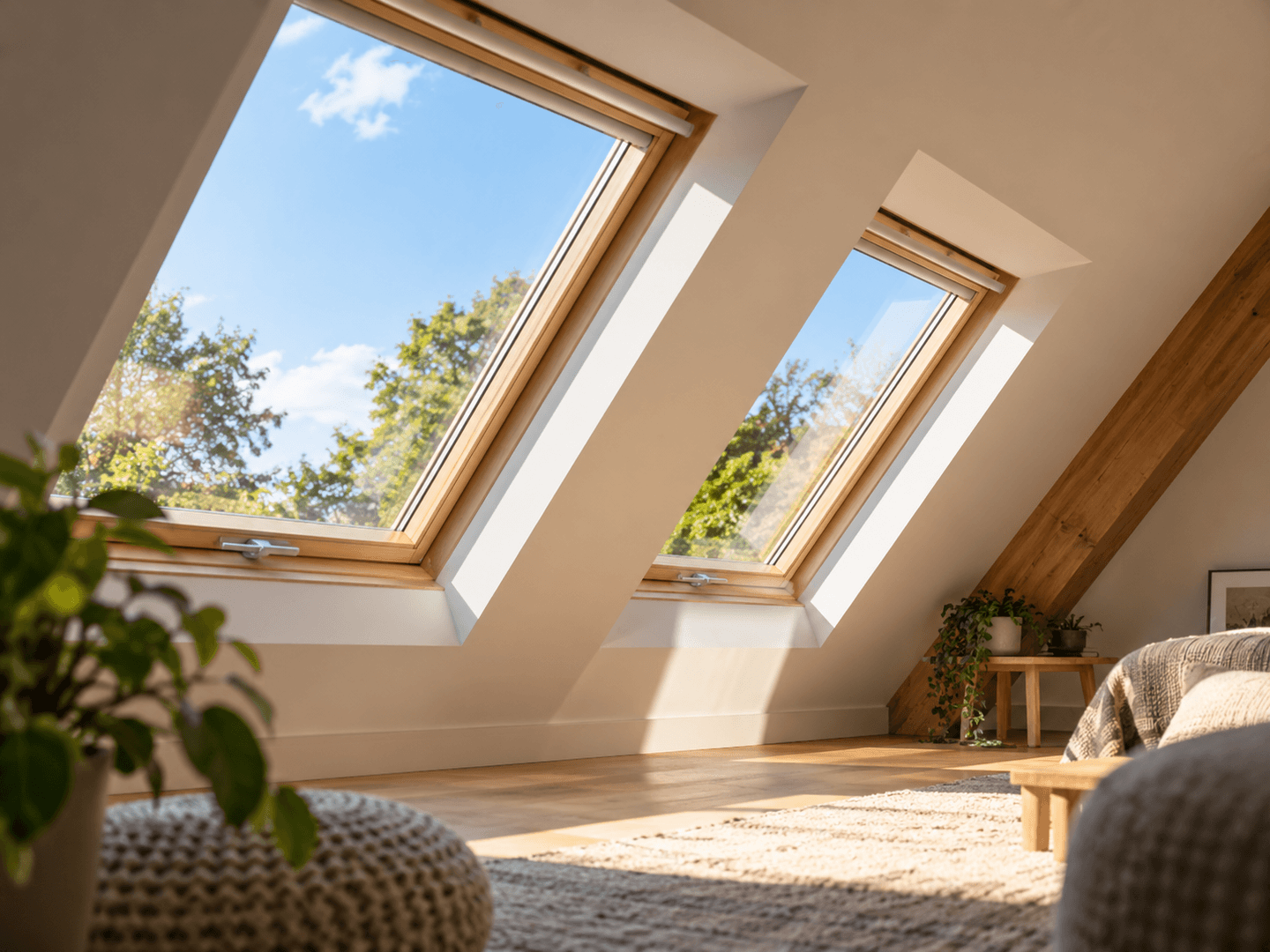 Espace lumineux sous des fenêtres de toit dans des combles aménagés.