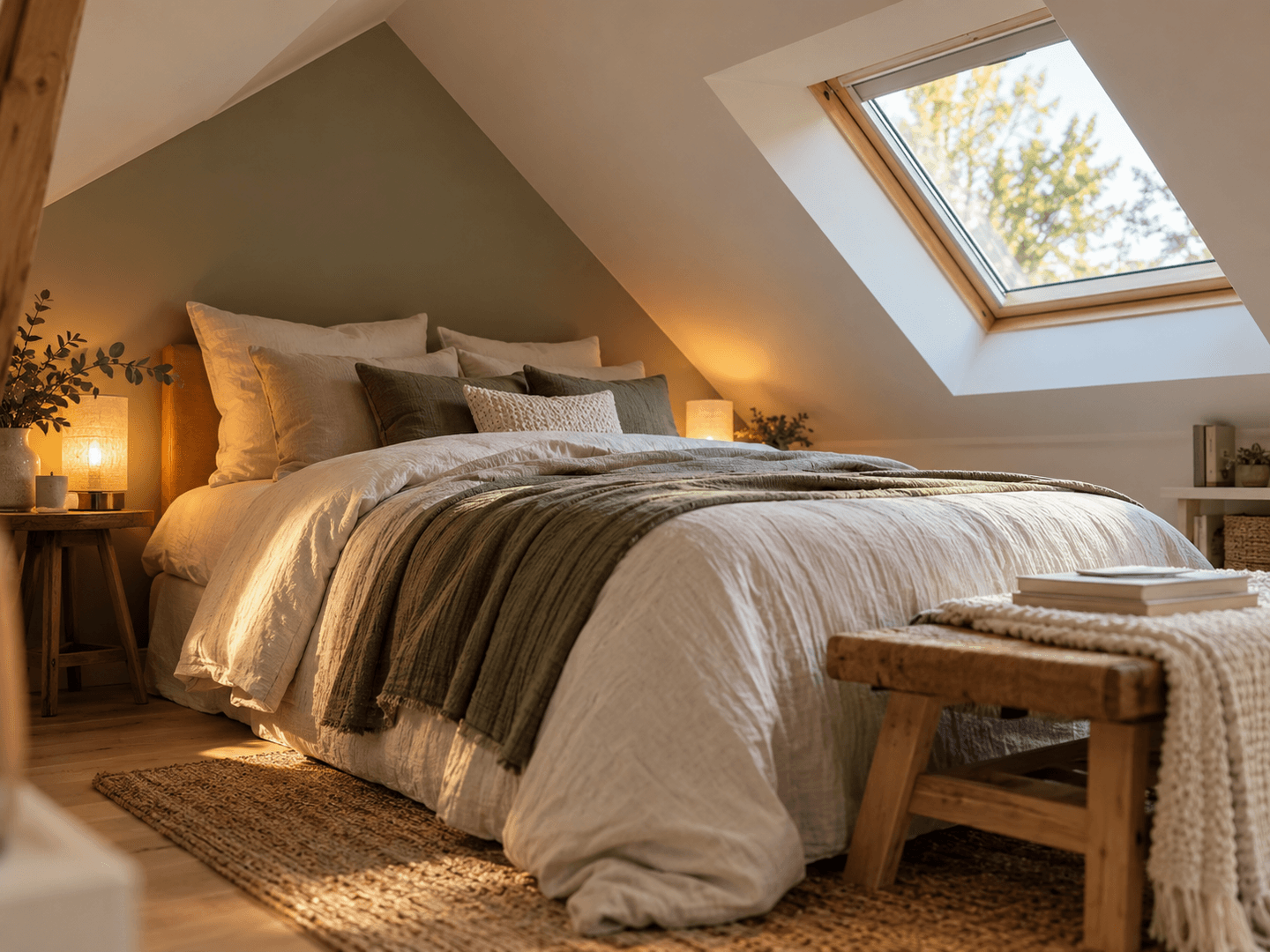 Chambre chaleureuse aménagée sous les combles.