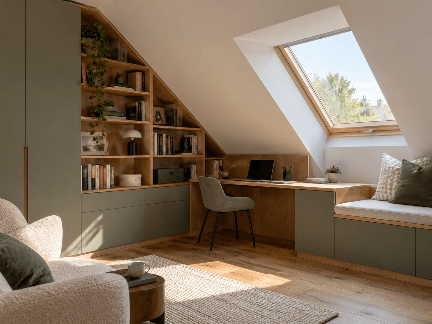 Bureau confortable installé sous les combles.