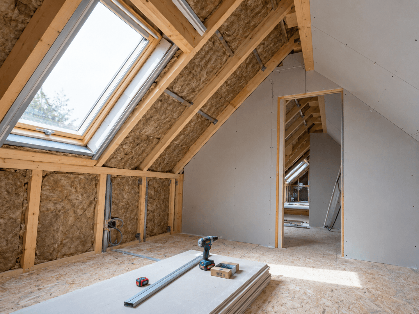 Combles en cours d’isolation et d’habillage.