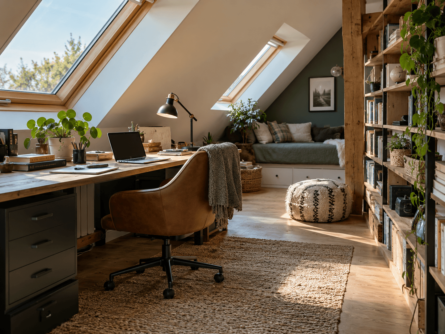 Bureau chaleureux aménagé sous les combles avec des poutres apparentes.
