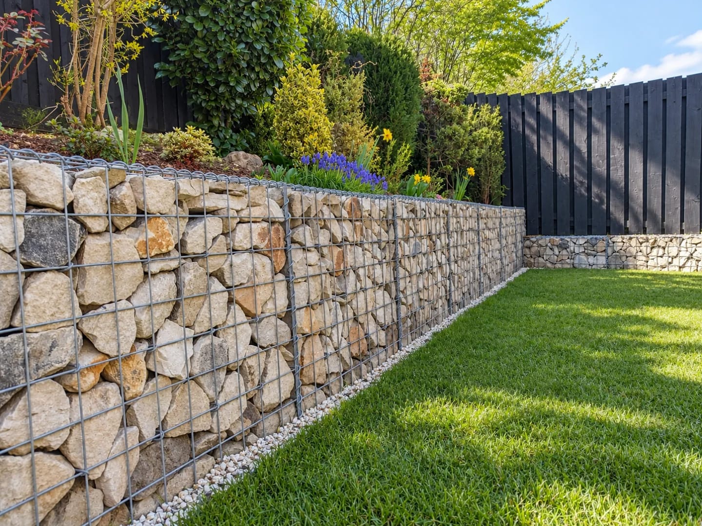 Clôture et muret paysager structurant un jardin extérieur