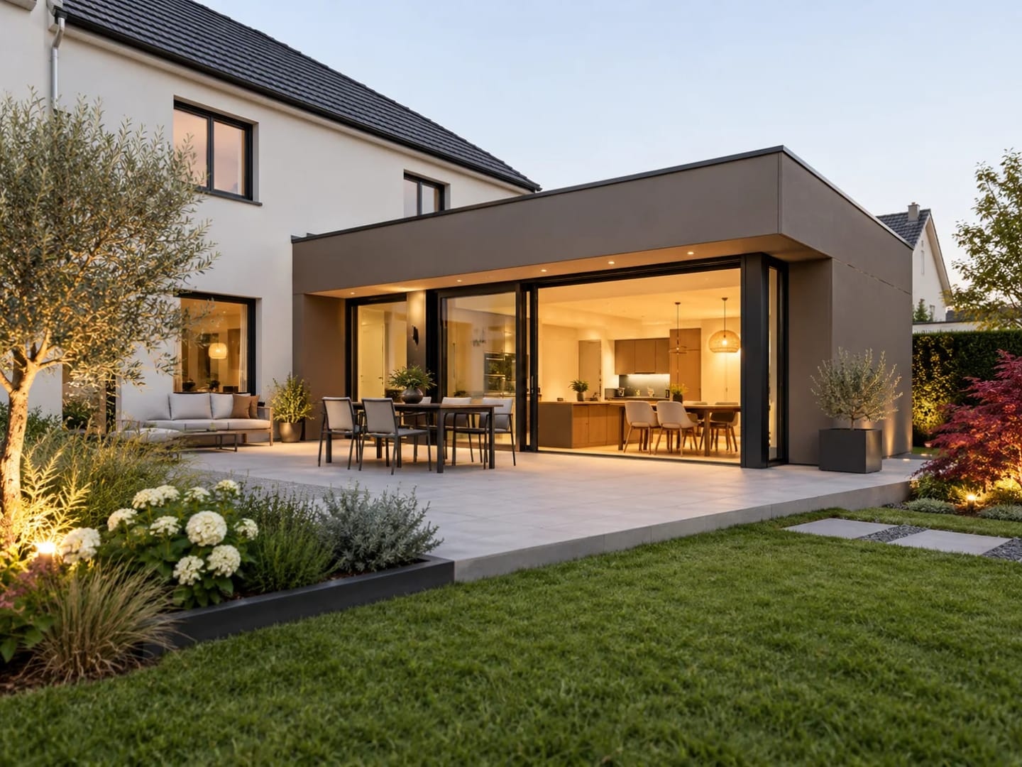 Maison contemporaine et jardin extérieur éclairé en soirée