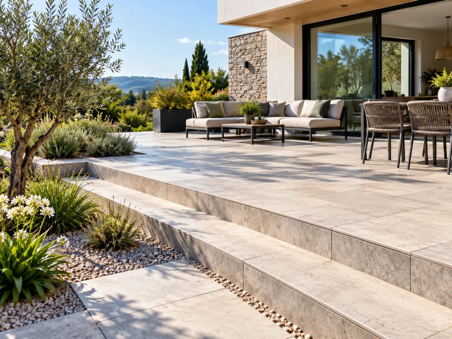 Jardin moderne avec muret paysager en terrasses