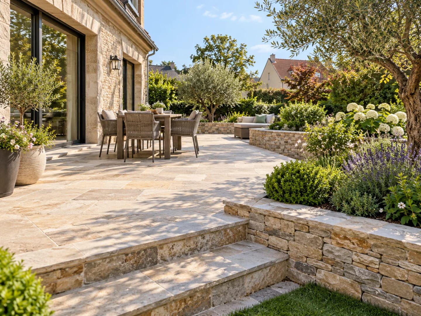 Terrasse en pierre naturelle avec murets et jardin paysager