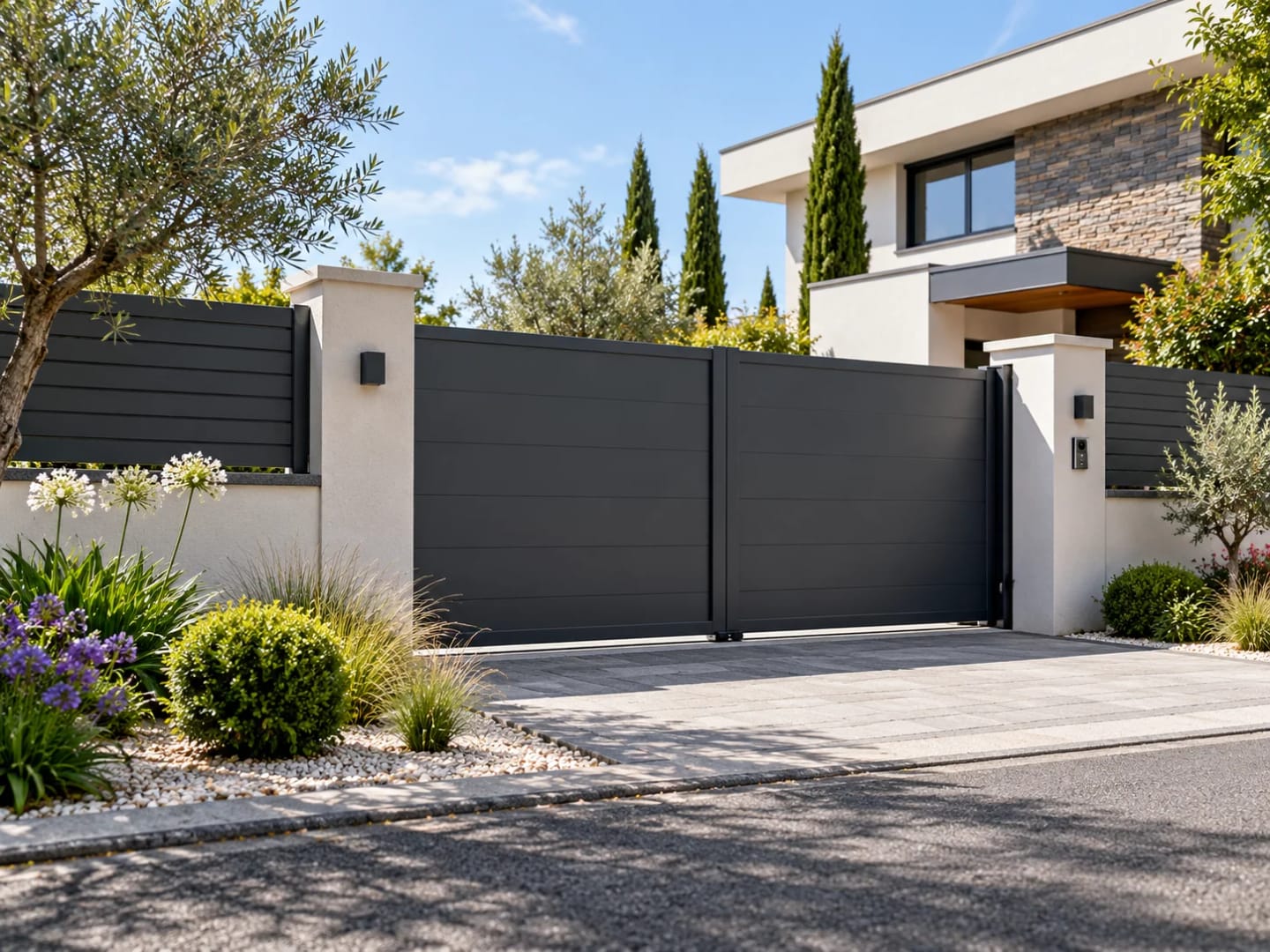 Clôture moderne et portail motorisé autour d’une maison