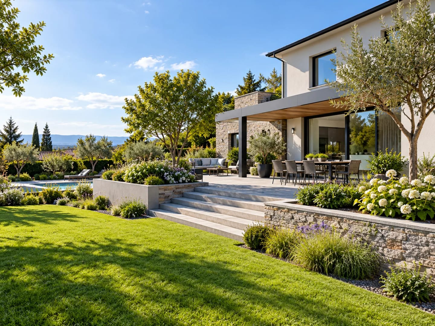 Terrasse contemporaine et jardin paysager aménagés autour d’une maison