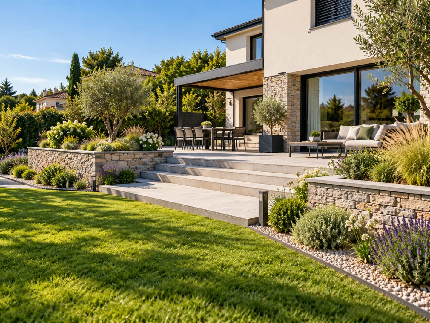 Terrasse extérieure avec dallage et aménagement paysager autour d’une maison