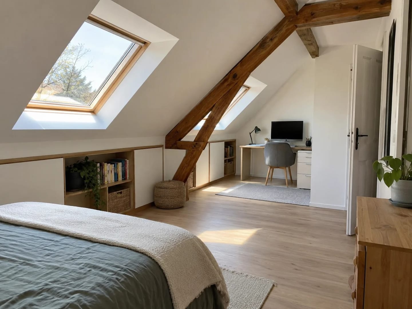 Chambre aménagée sous les combles avec une charpente en bois apparente et des fenêtres de toit