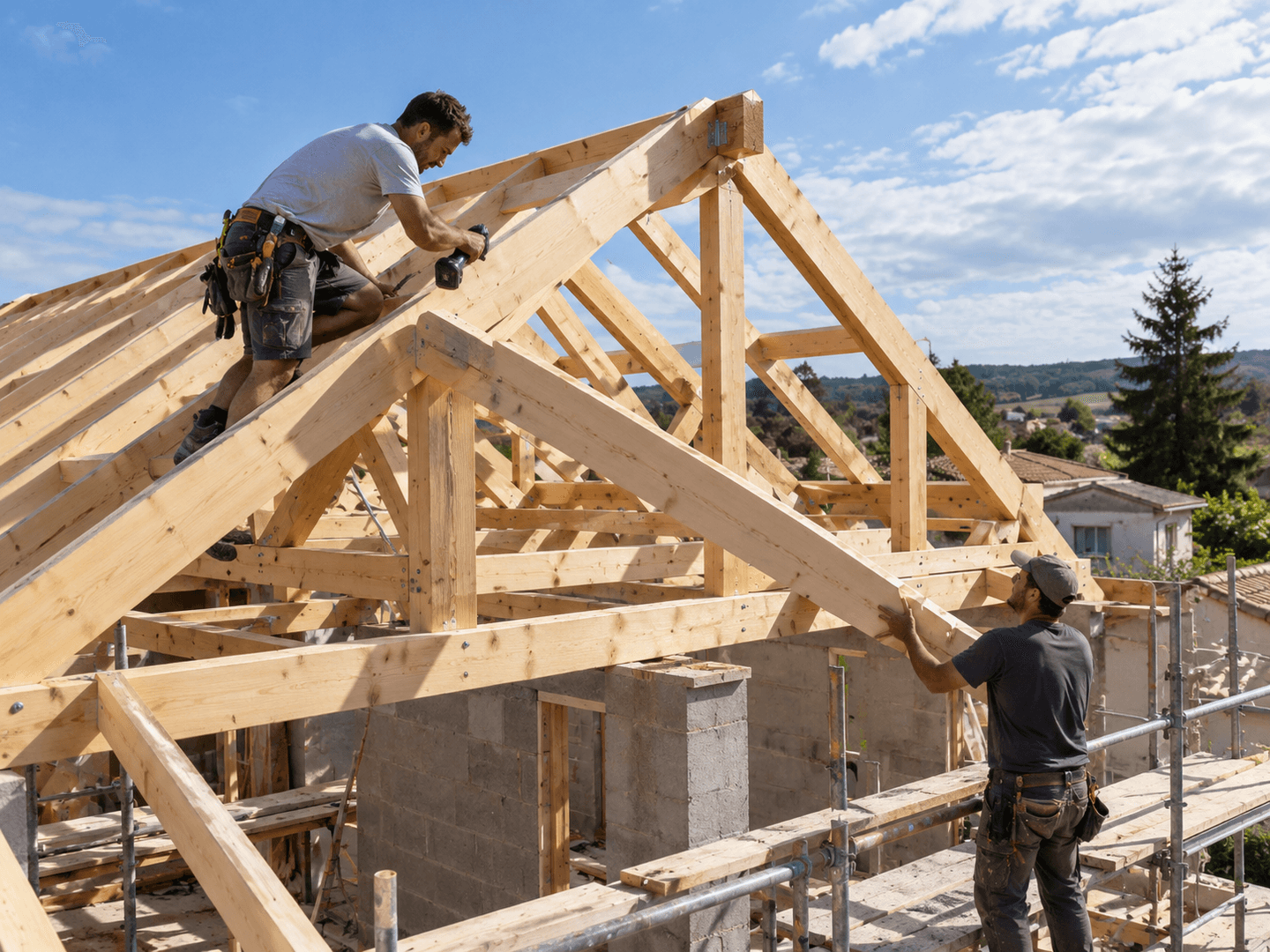 Équipe installant une charpente en bois pour une toiture.