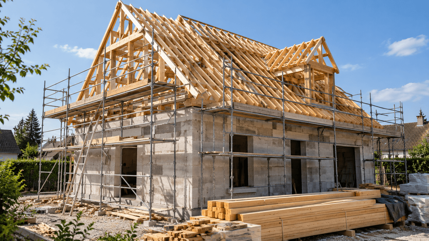 Charpente industrielle avec fermettes sur une maison en construction.
