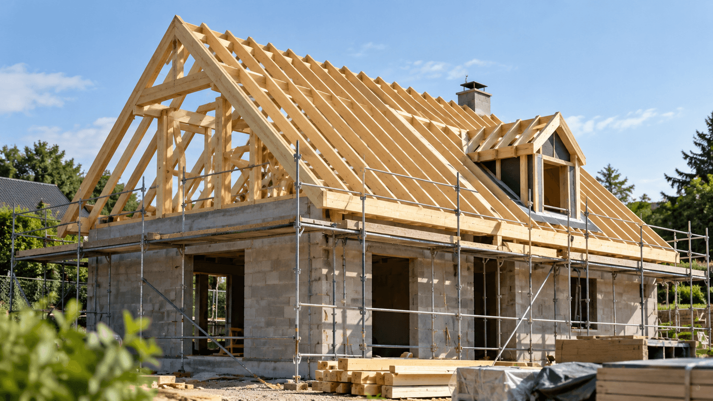 Ossature en bois préparée pour une toiture.