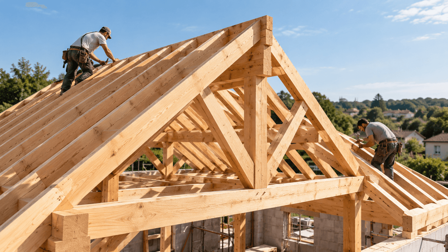 Création d’une charpente traditionnelle en bois.