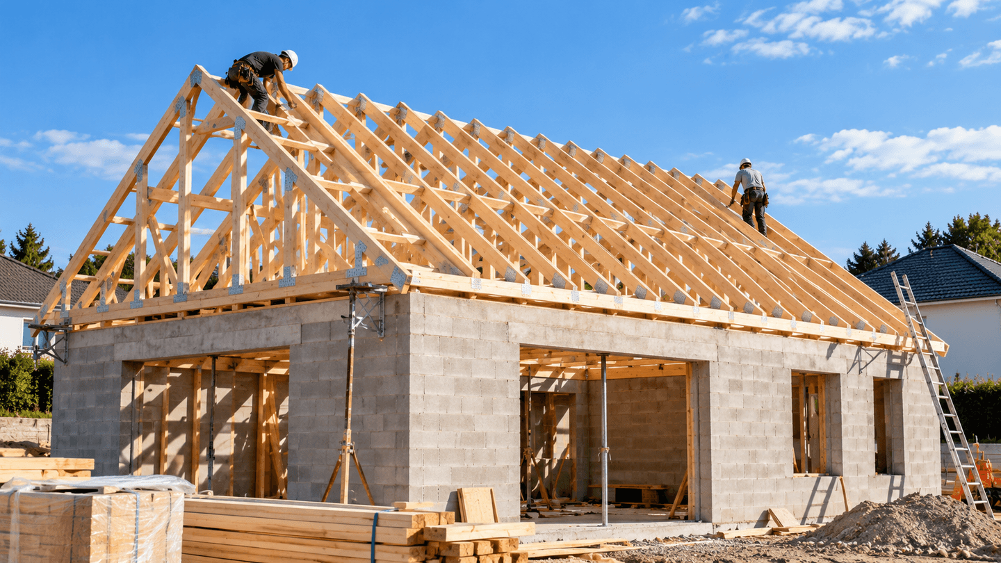 Pose d’une charpente industrielle sur une maison en construction.