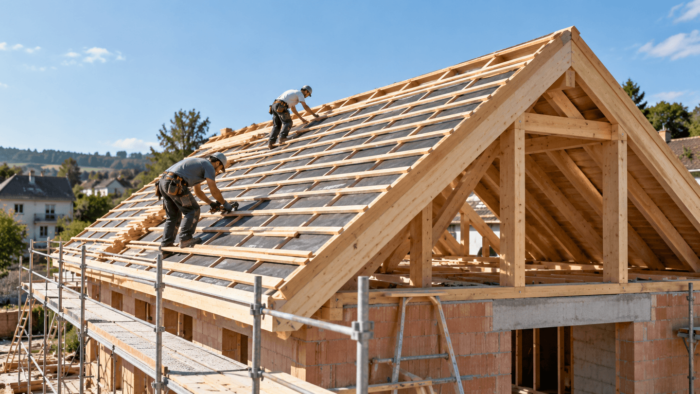Préparation de la toiture sur une charpente en bois.