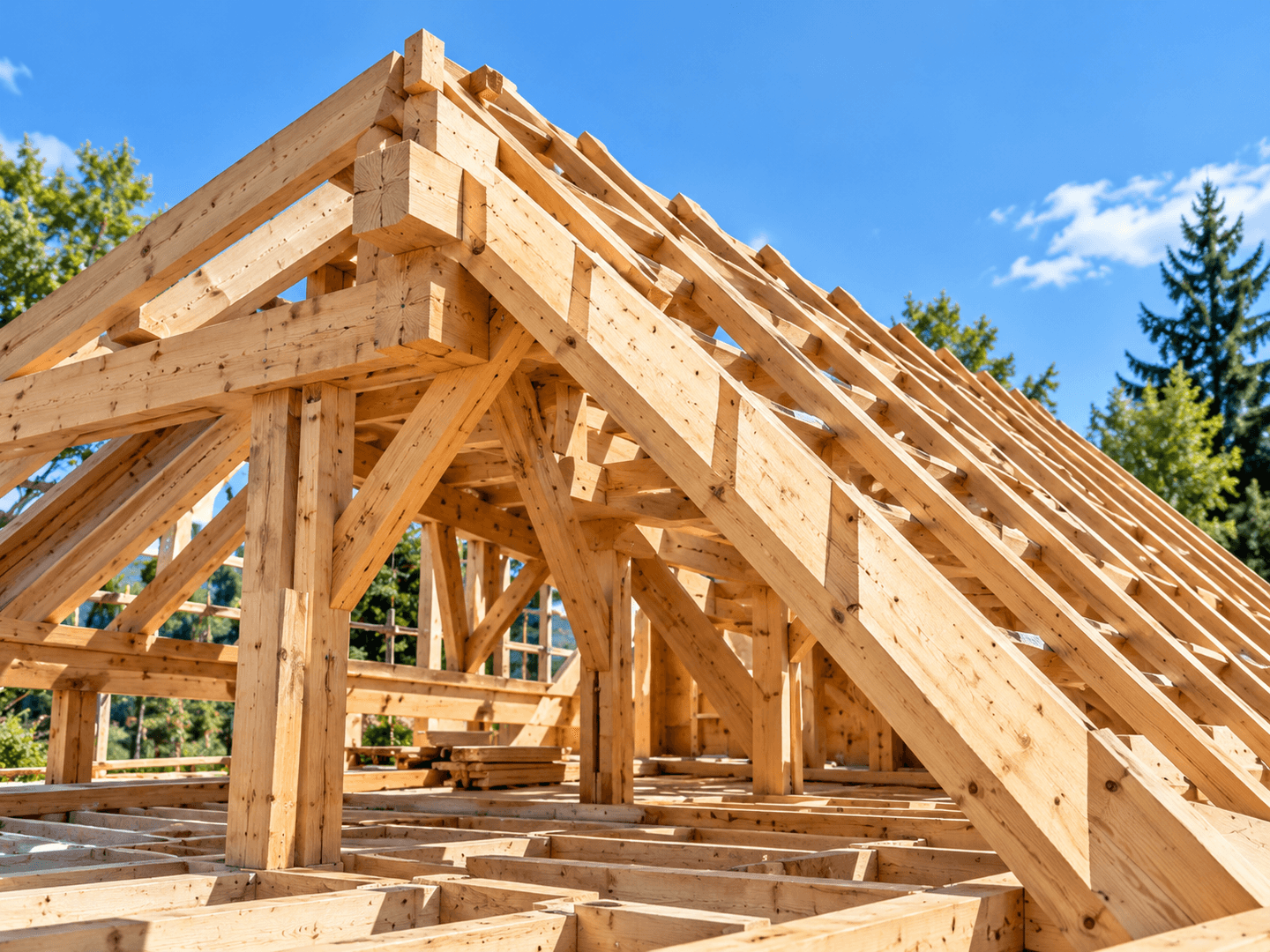 Charpente traditionnelle en bois avec assemblages apparents.