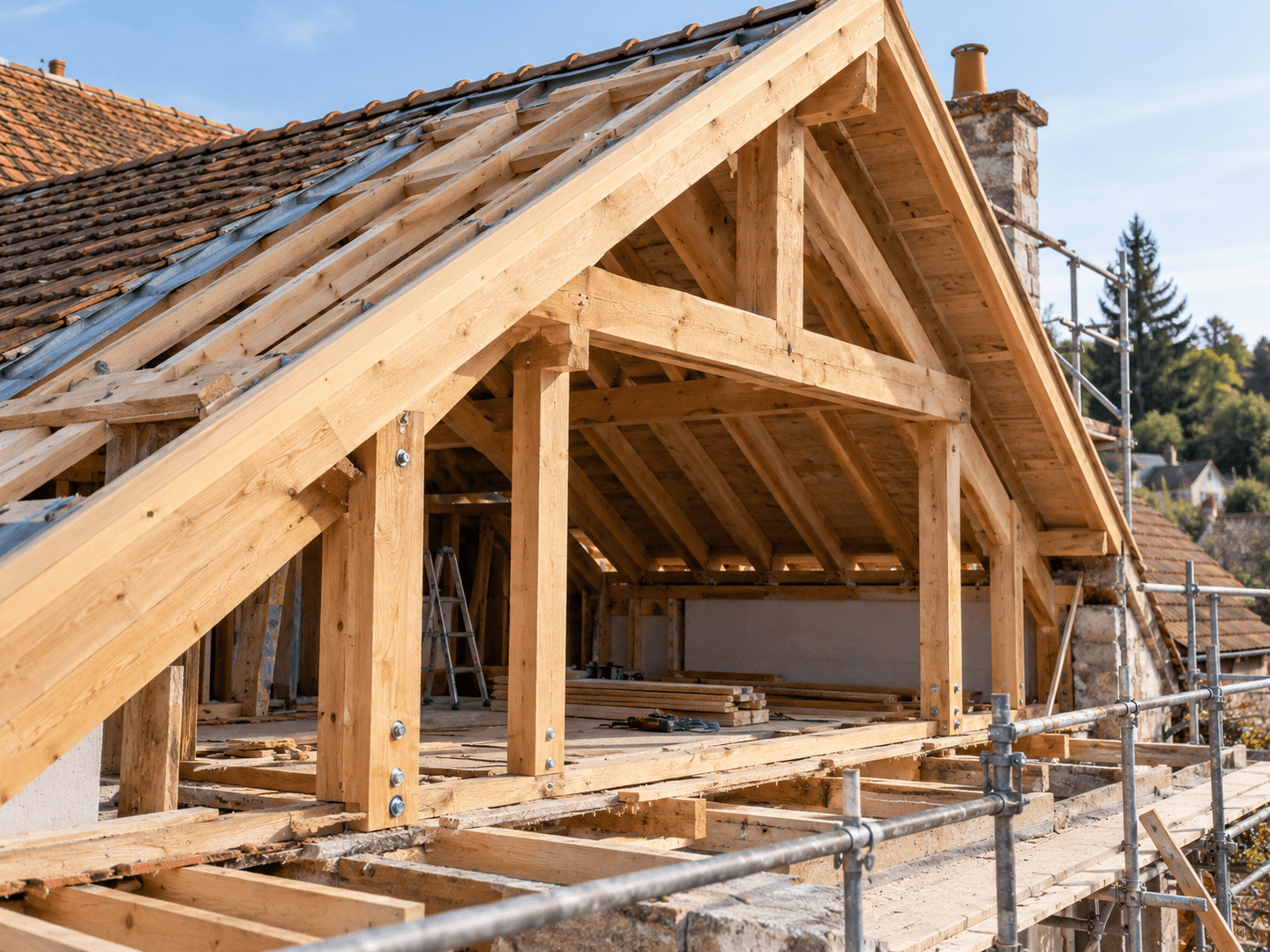 Charpente traditionnelle en bois en cours de construction.