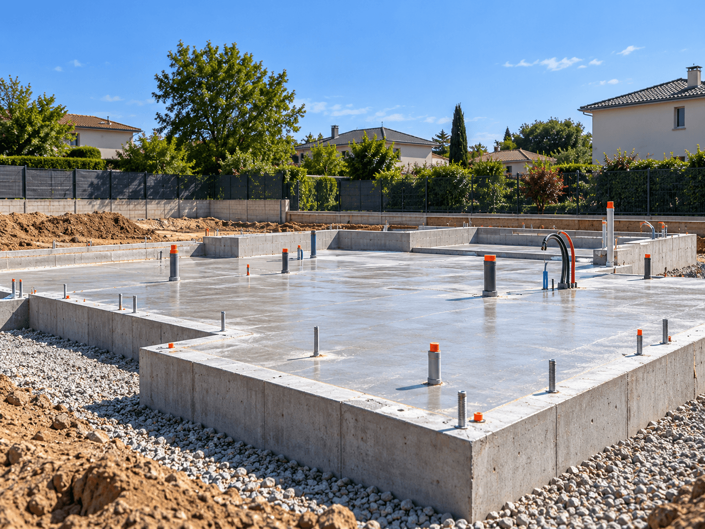 Fondations et dalle en béton en cours de réalisation