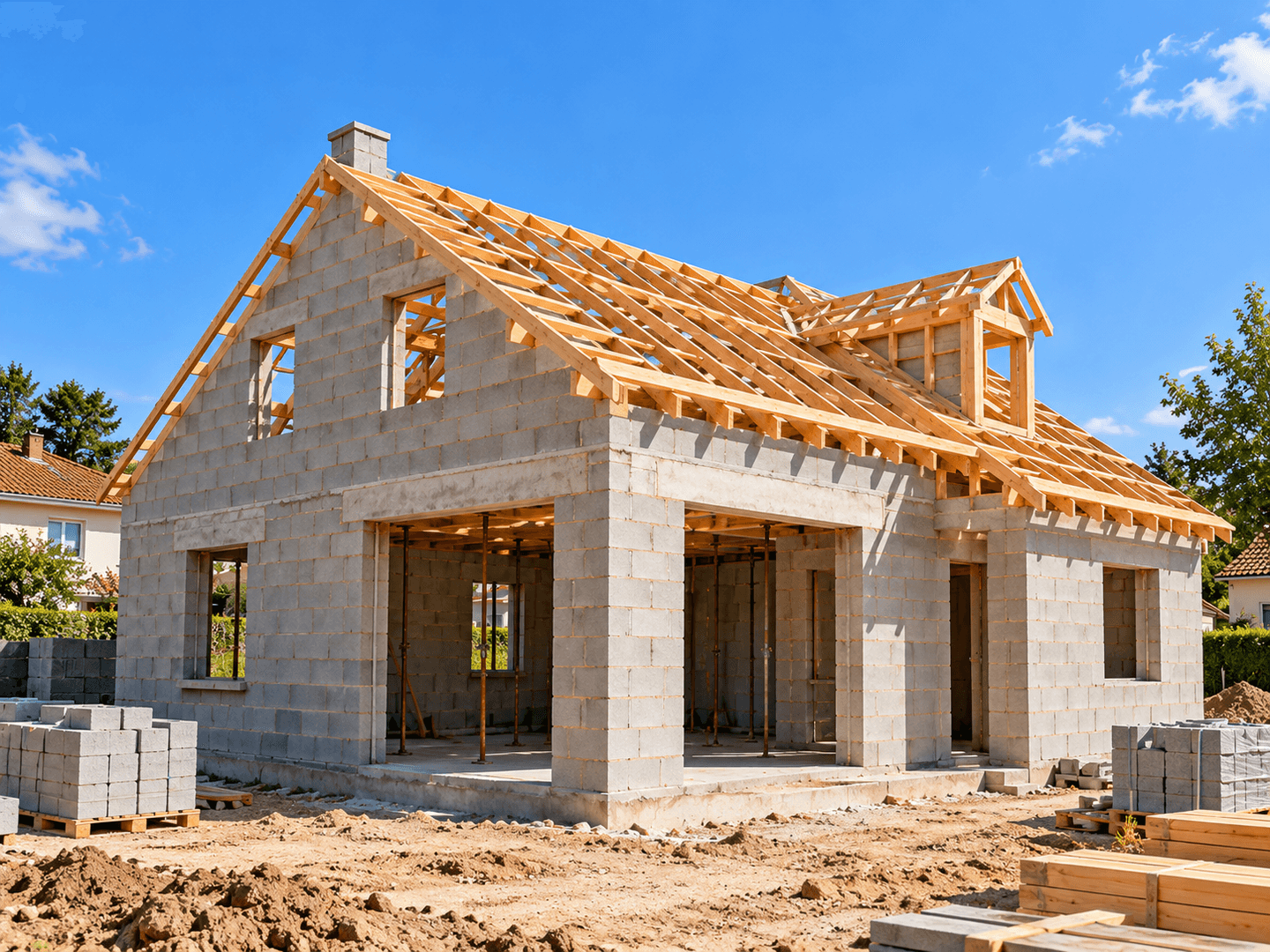 Maison en construction avec fondations, murs en blocs et charpente