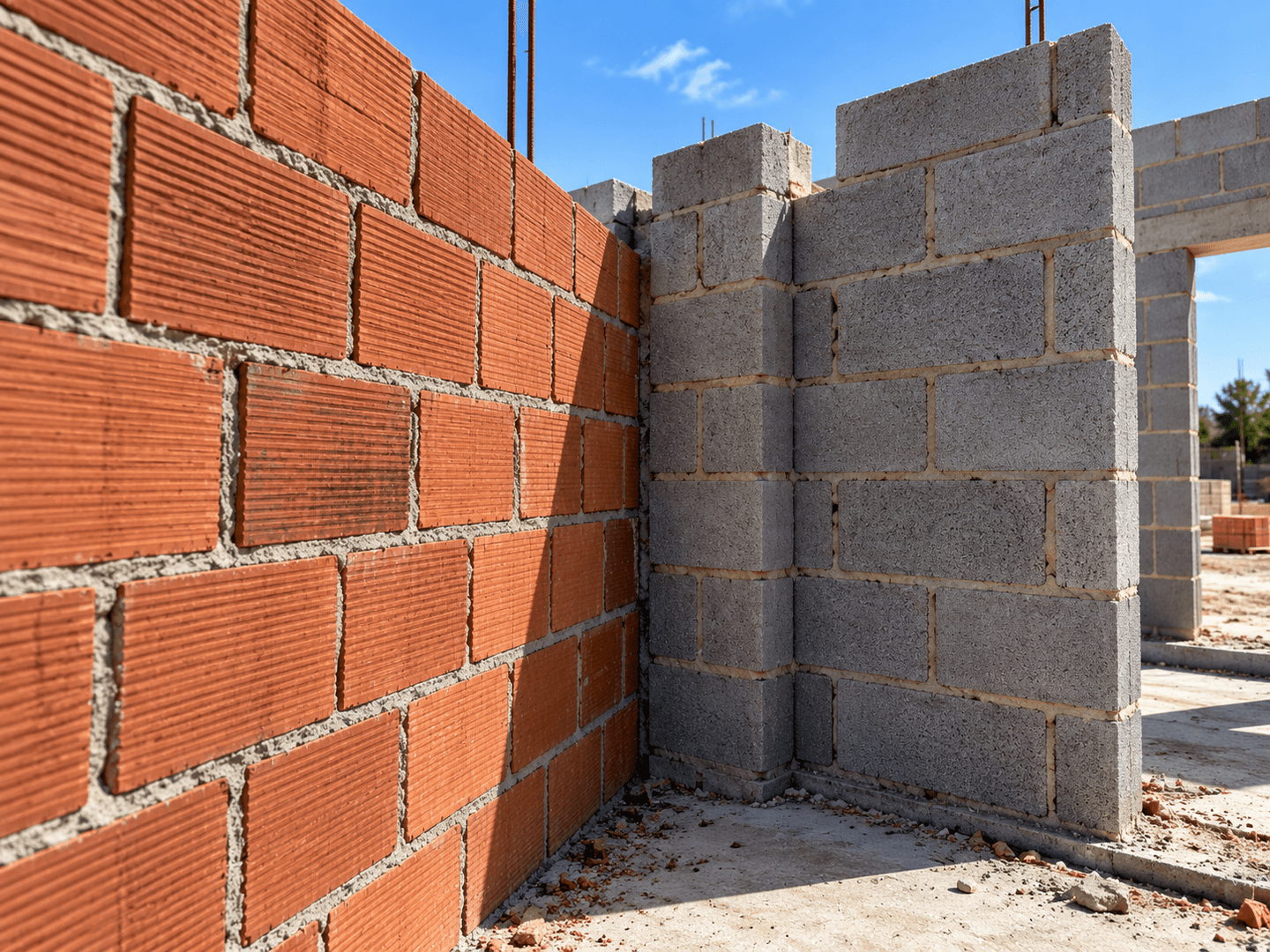 Mur en briques et parpaings en cours de construction