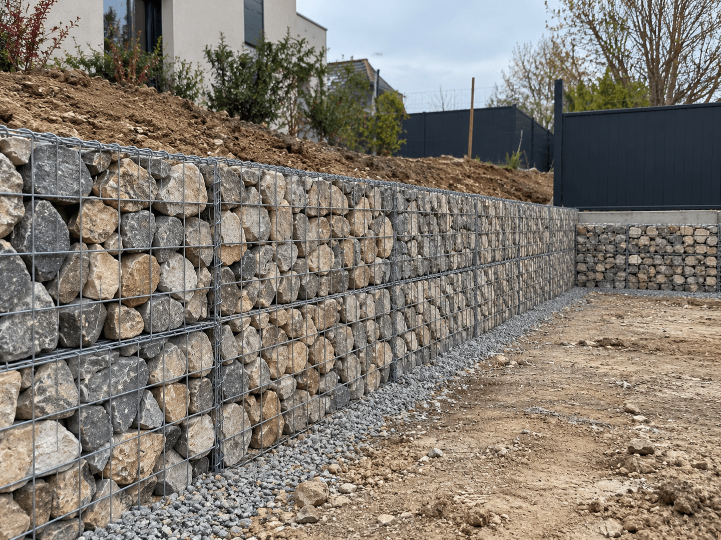Mur de soutènement en gabions dans un jardin en pente