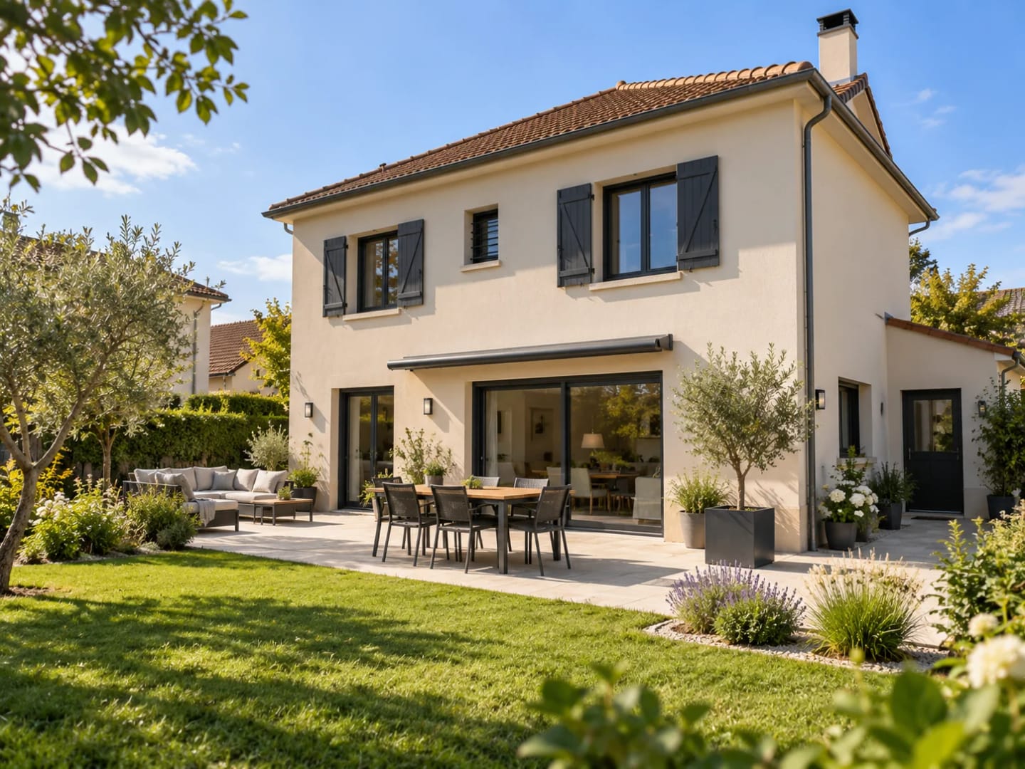 Accès pavé, clôture et massifs paysagers autour d’une maison.