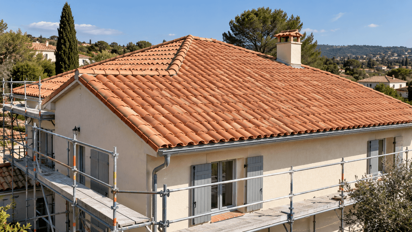 Maison avec toiture en tuiles en cours de rénovation
