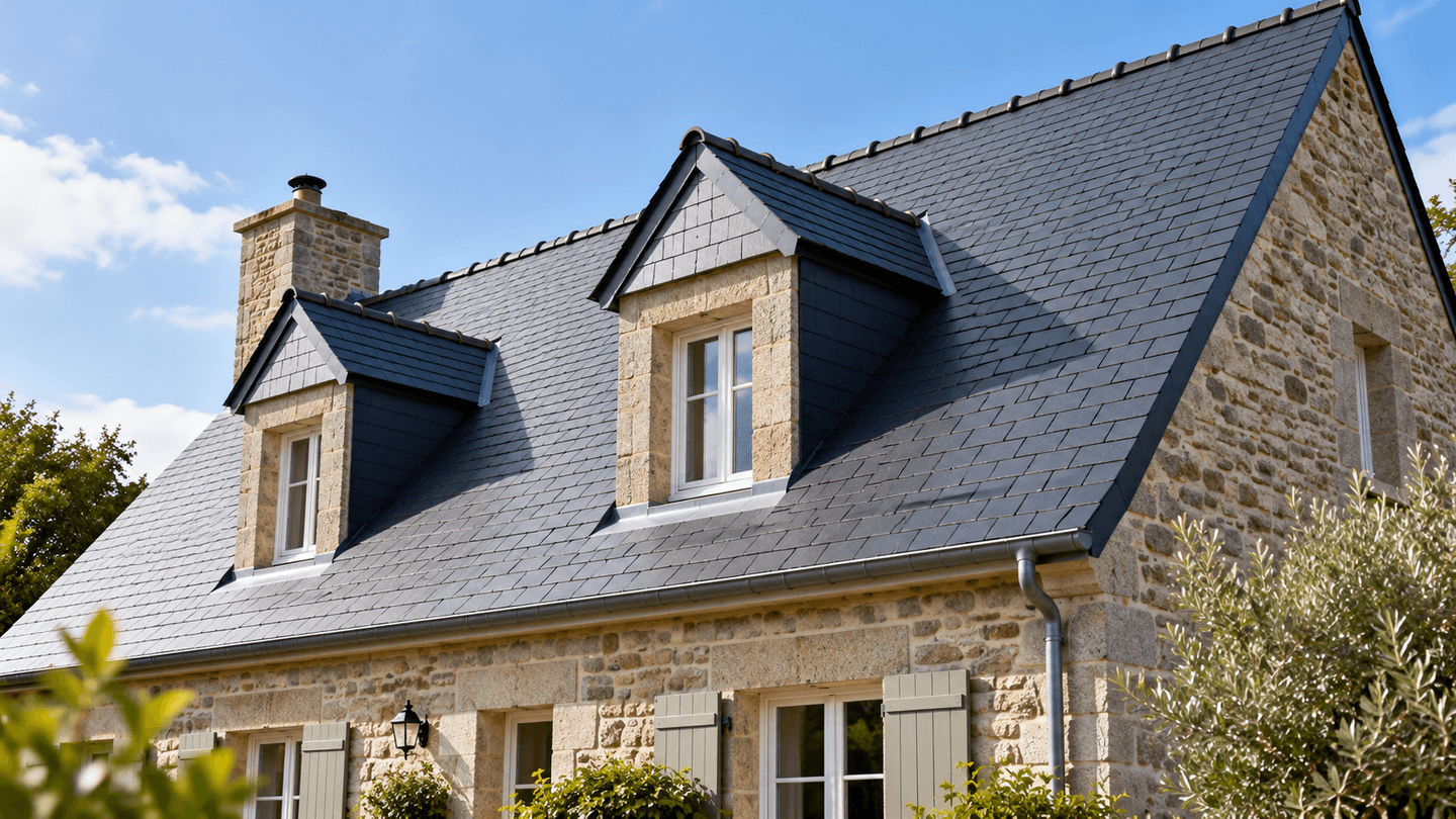 Maison en pierre avec une couverture en ardoises