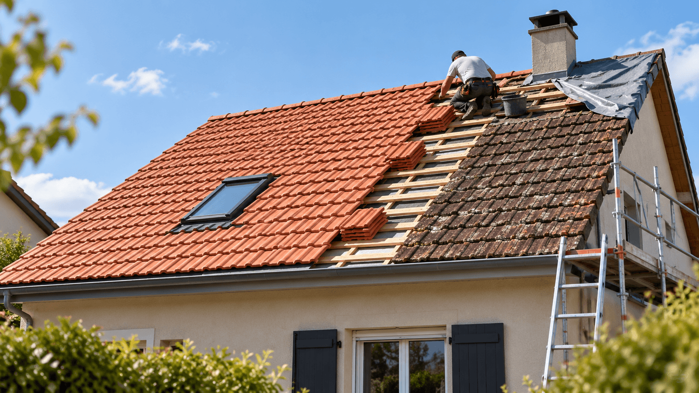 Couvreur réalisant une rénovation partielle de toiture