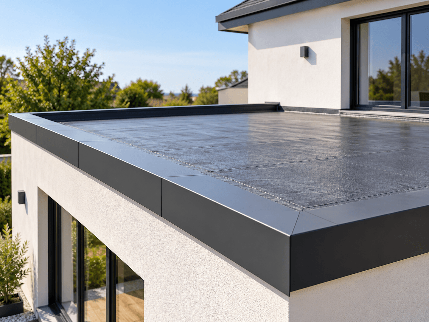 Toiture plate avec relevés d’étanchéité sur une maison contemporaine