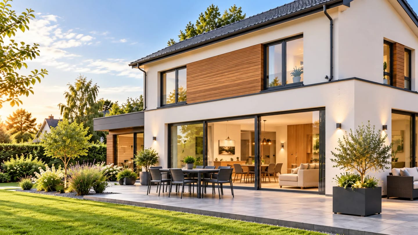 Extension contemporaine en bois accolée à une maison existante.