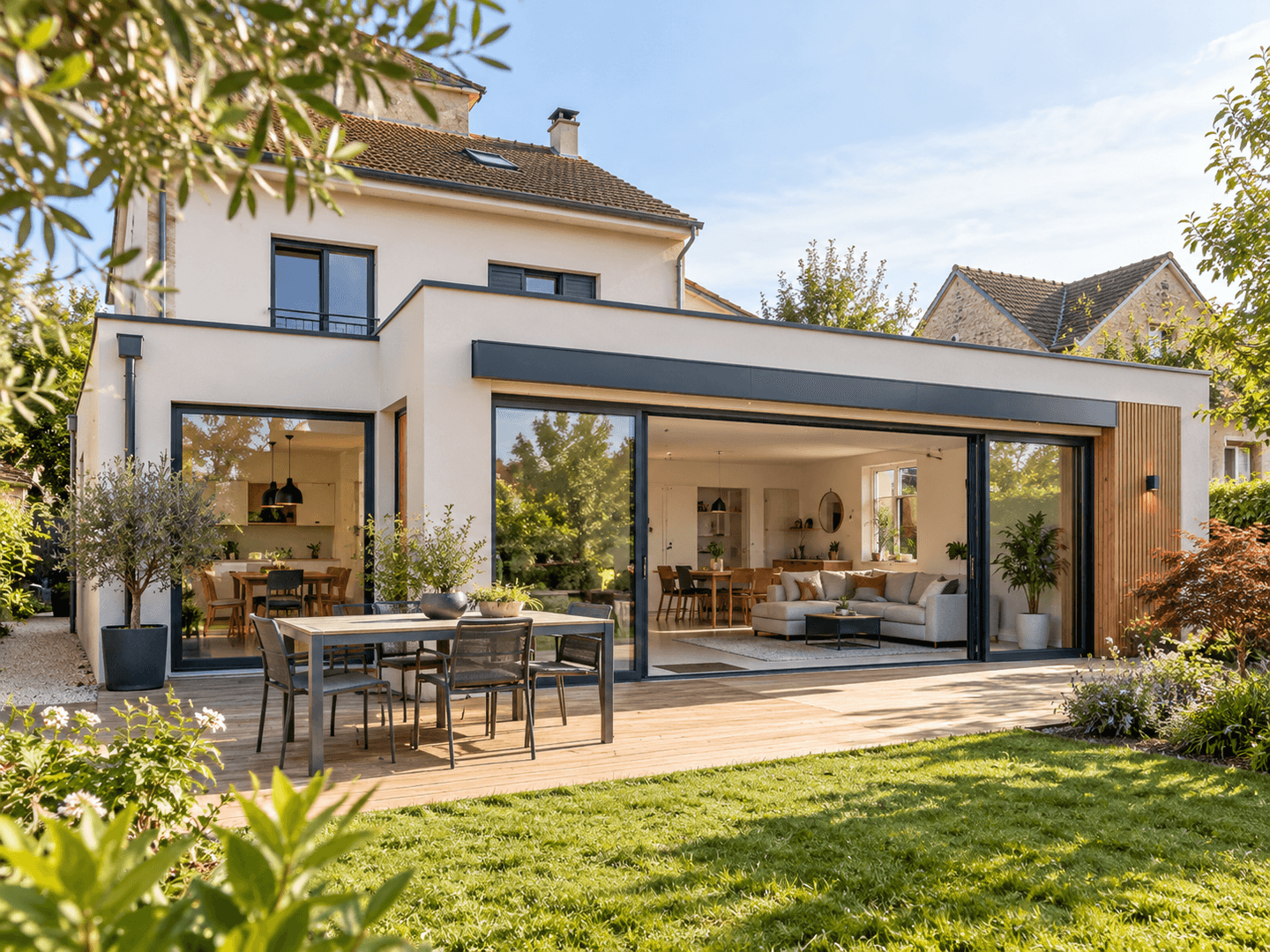 Agrandissement contemporain ouvert sur un jardin et une terrasse.
