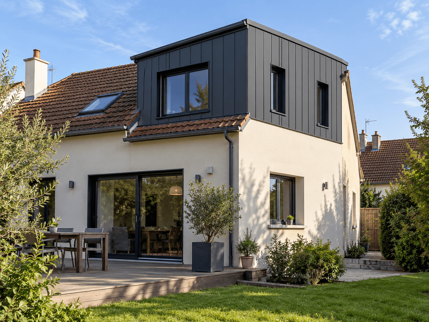 Surélévation partielle avec bardage sombre sur une maison individuelle.