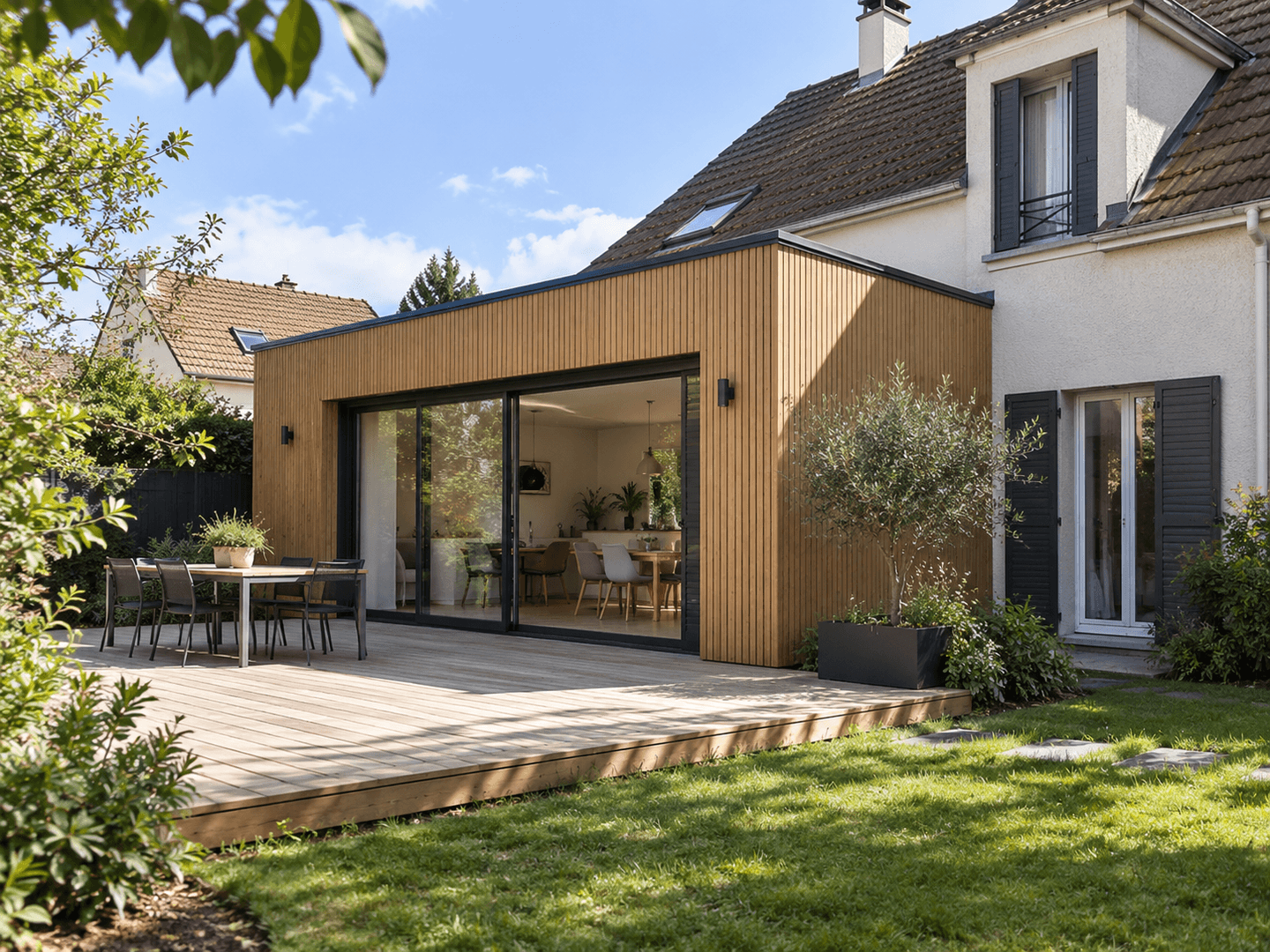 Extension arrière en bardage bois avec terrasse et grandes baies vitrées.