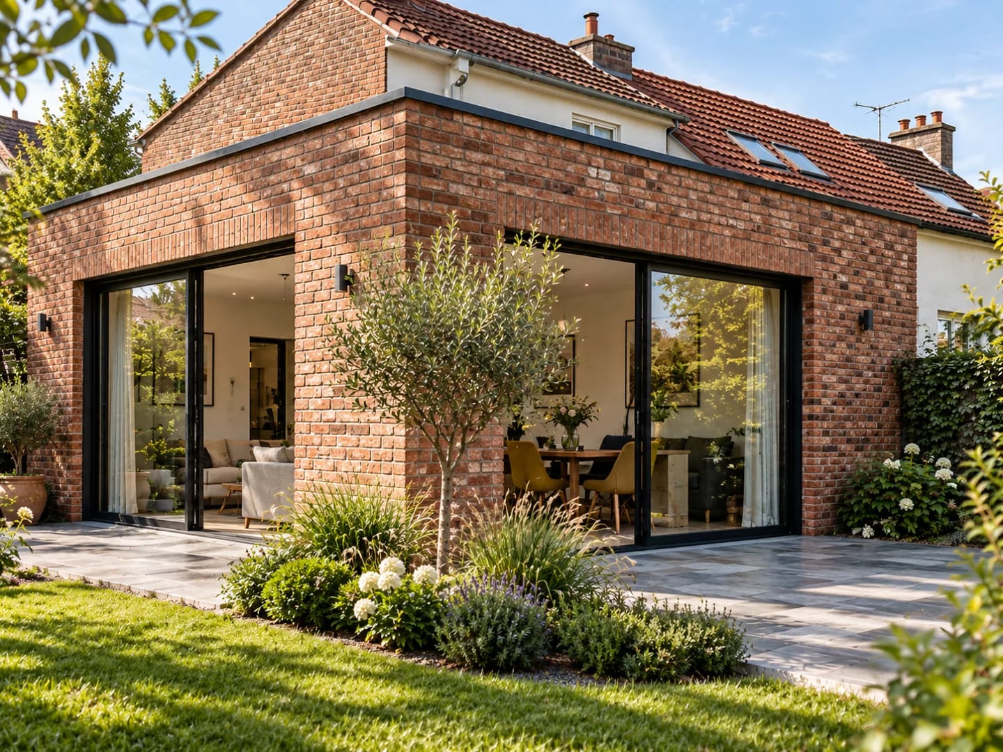Extension contemporaine en brique ouverte sur le jardin.