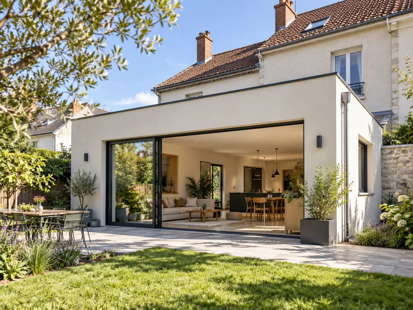 Extension arrière contemporaine avec bardage bois et grandes baies vitrées.