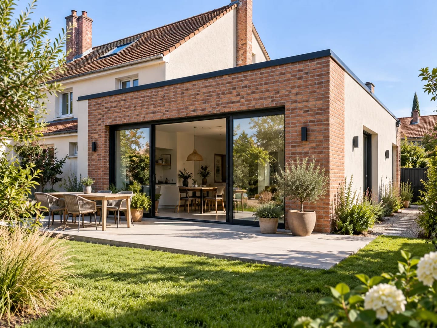 Extension latérale contemporaine accolée à une maison individuelle.