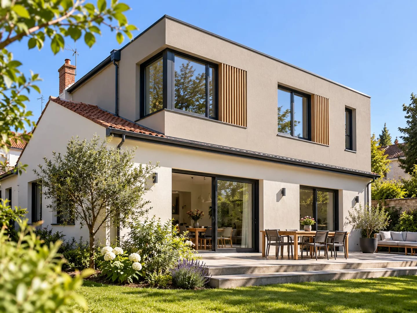 Surélévation partielle contemporaine au-dessus d’une maison existante.