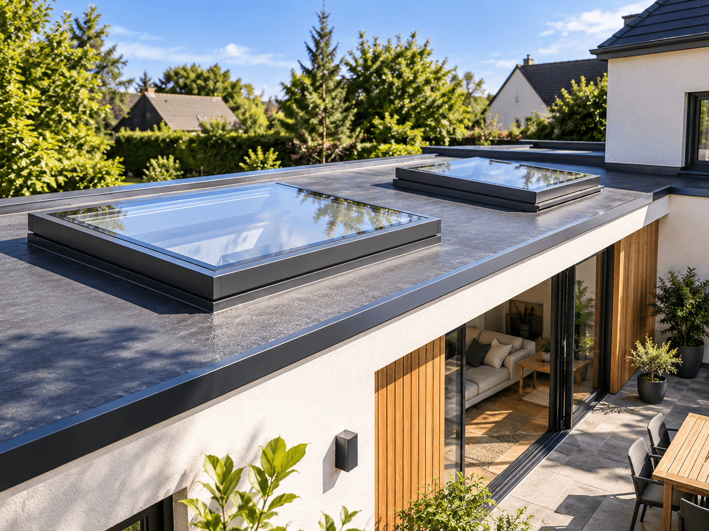 Installation d’une fenêtre de toit sur une toiture plate.