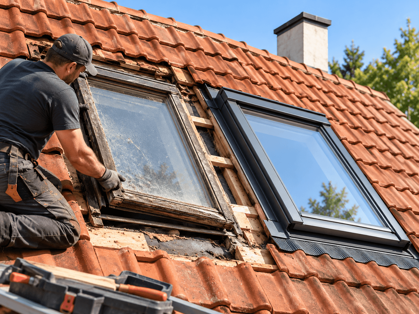 Remplacement d’une fenêtre de toit sur une couverture en tuiles.