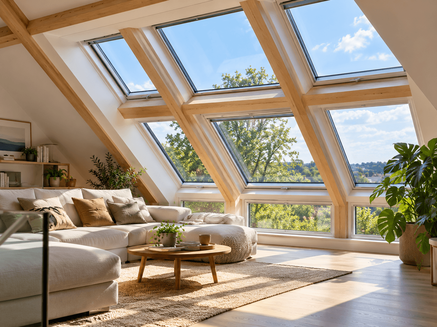 Verrière et fenêtres de toit combinées sur une toiture.