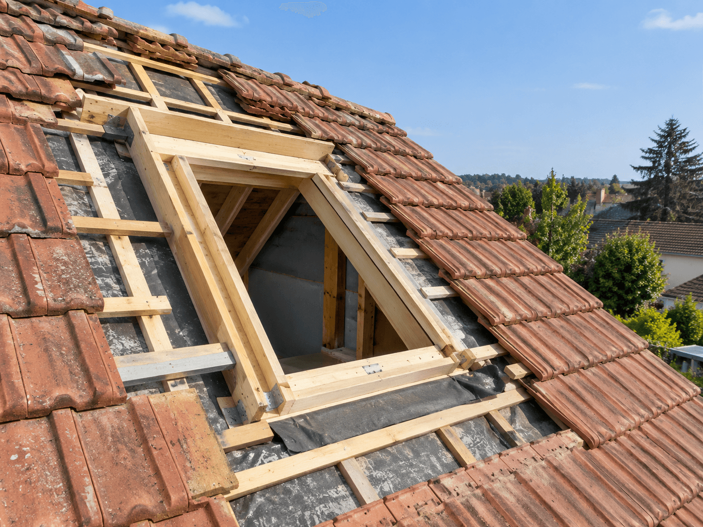 Création d’une ouverture dans une toiture pour une fenêtre de toit.