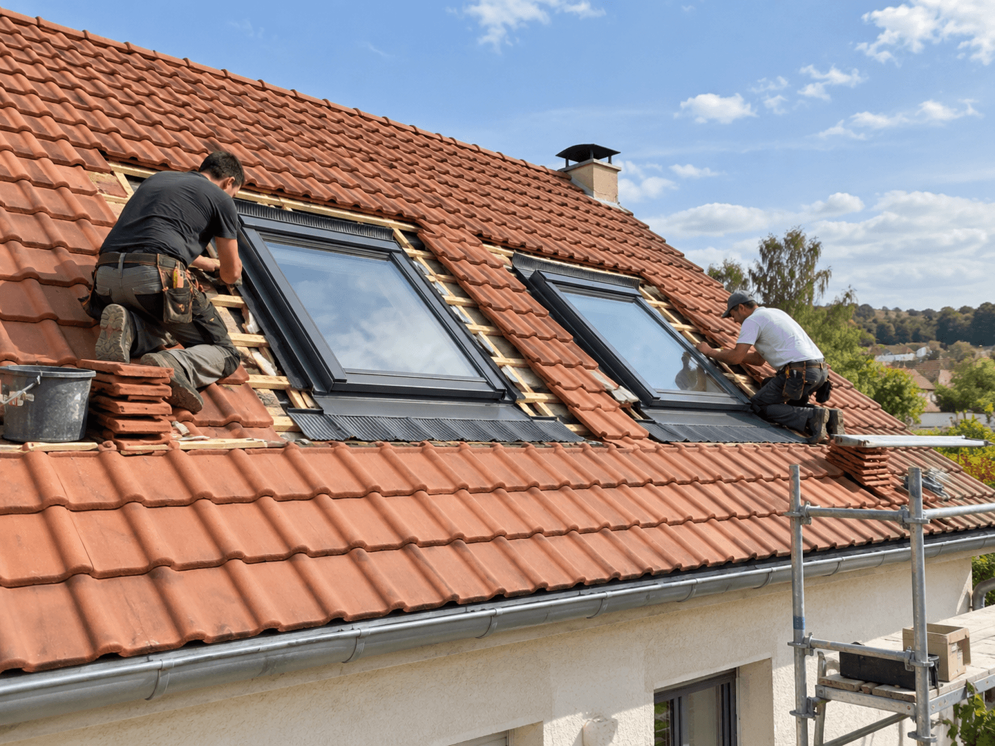 Remplacement de fenêtres de toit sur une couverture en tuiles.