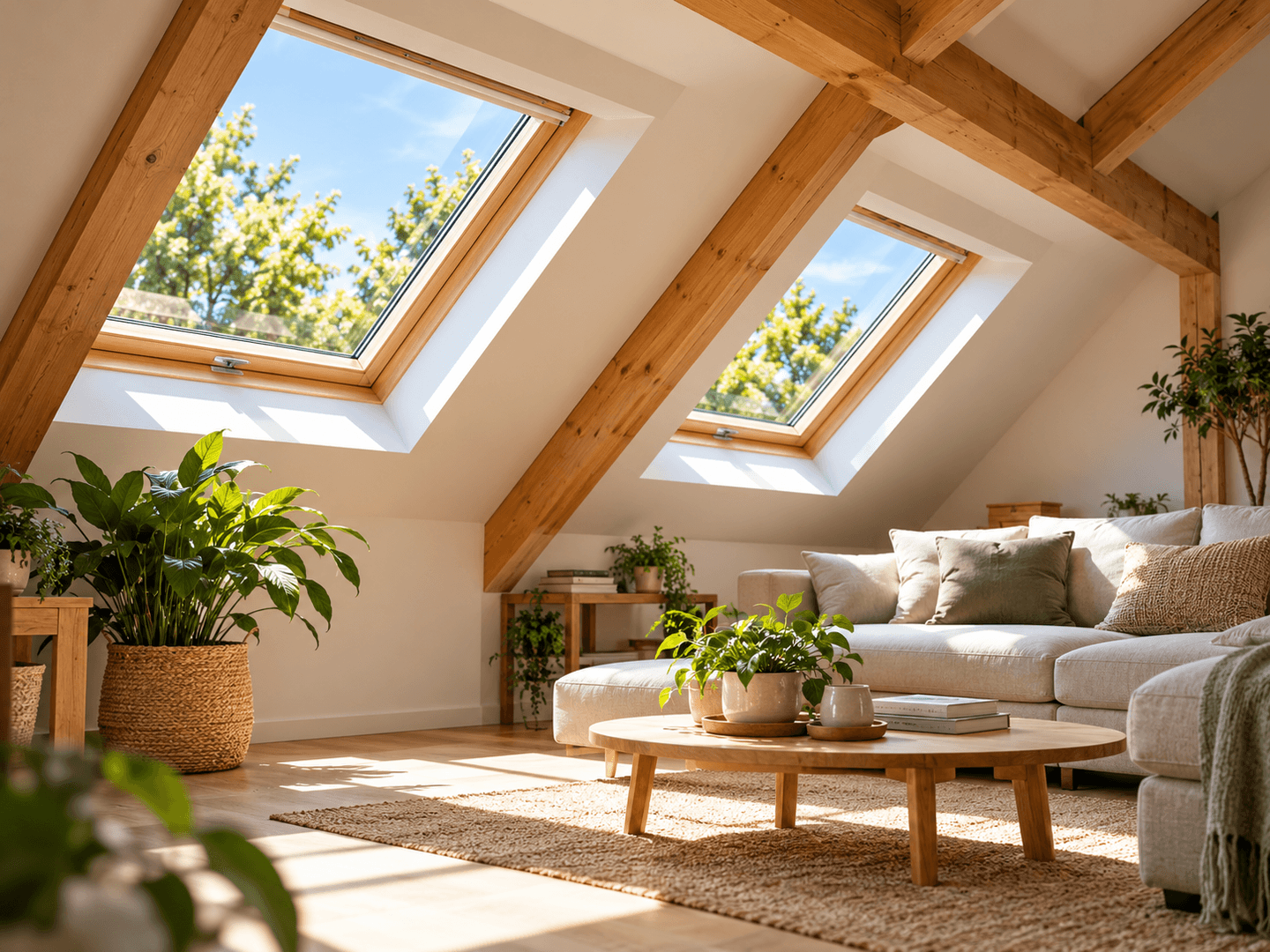 Salon mansardé lumineux avec une fenêtre de toit dans un intérieur scandinave.