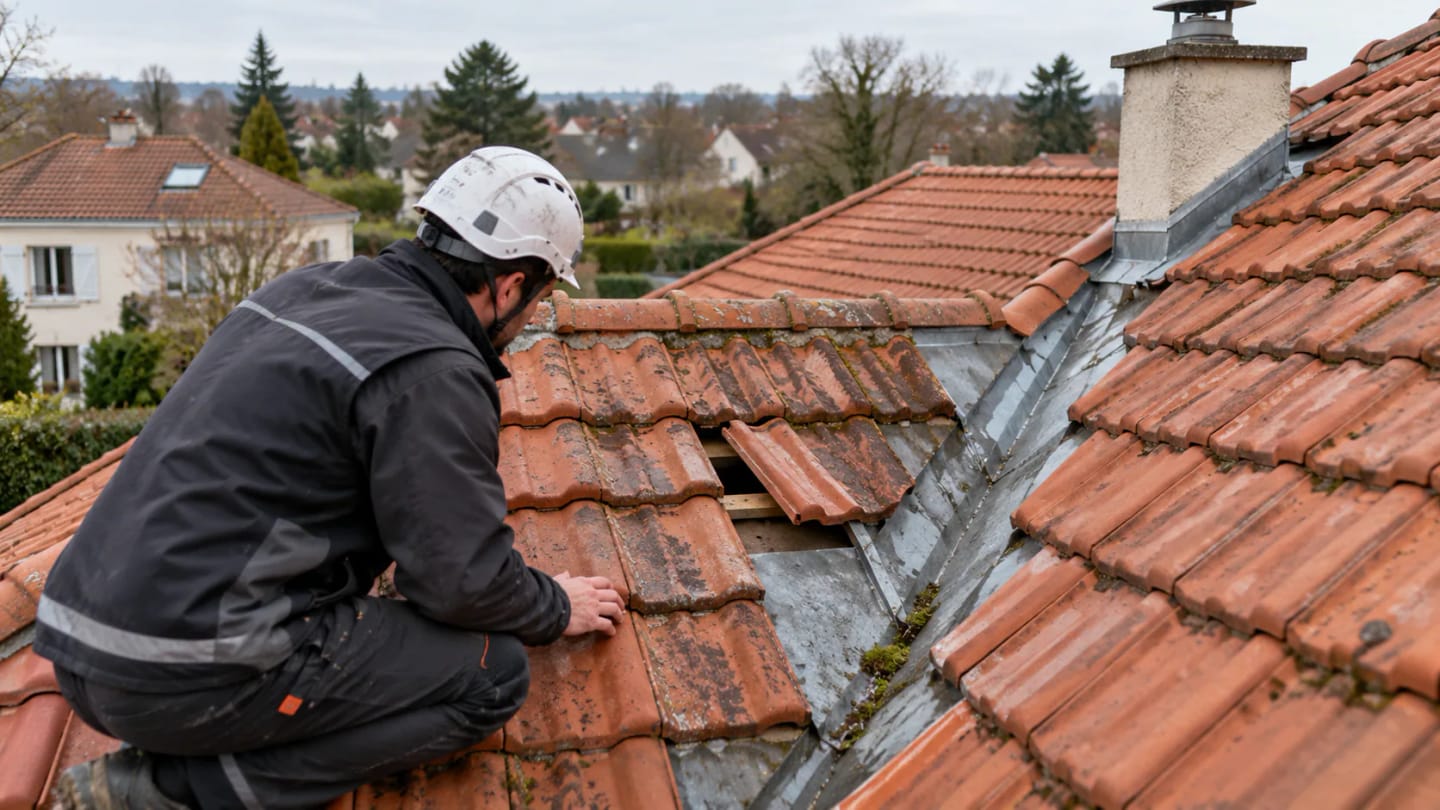 Couvreur inspectant une infiltration sur une toiture en tuiles
