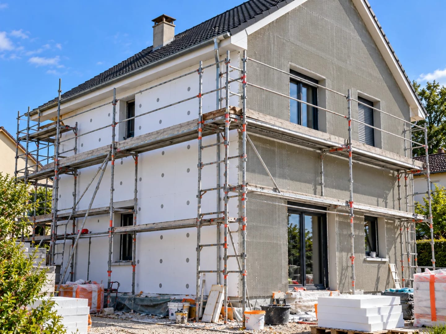 Maison en cours d’isolation thermique par l’extérieur et de ravalement, avec échafaudages
