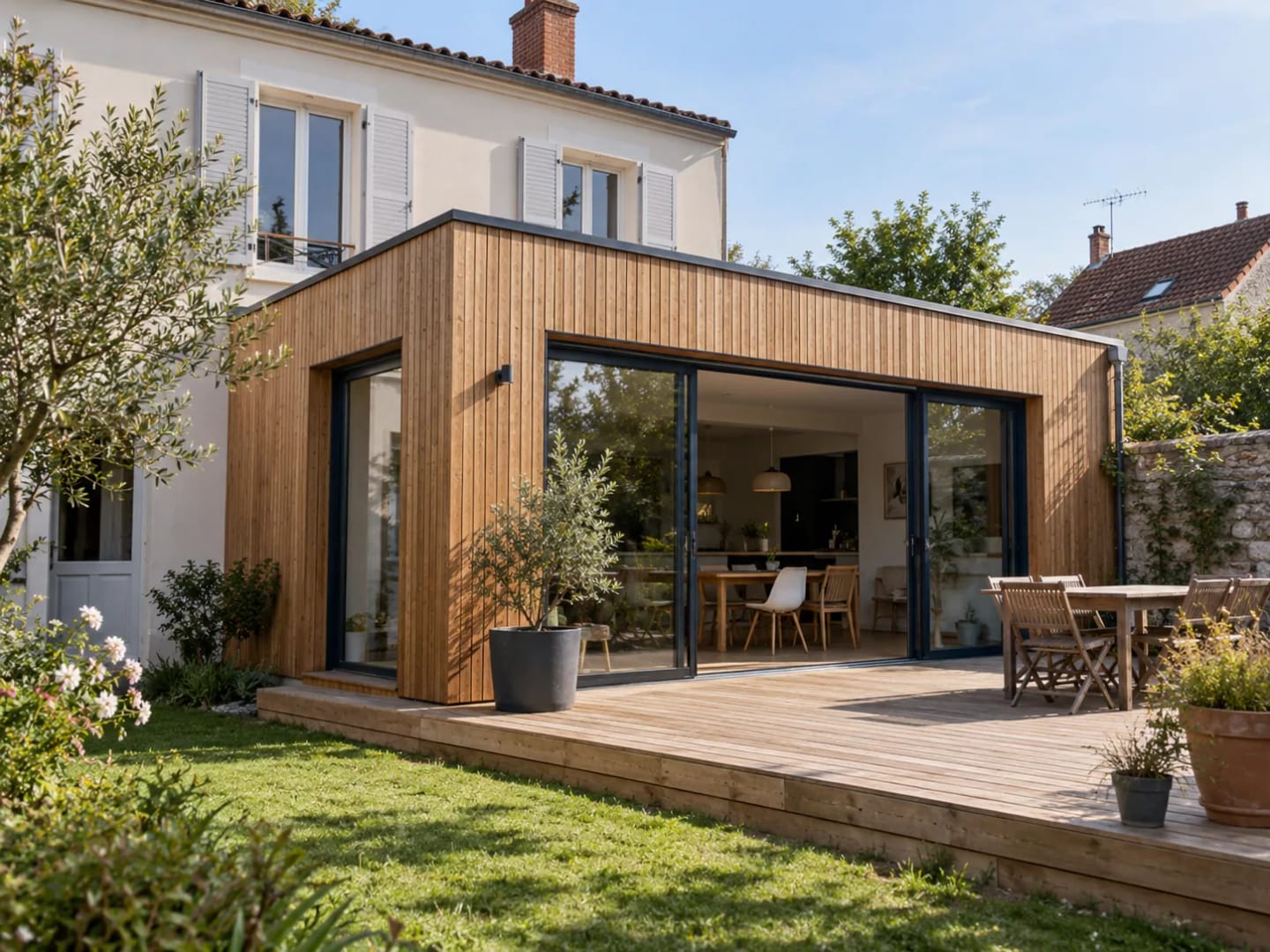 Extension contemporaine en ossature bois avec façade vitrée.