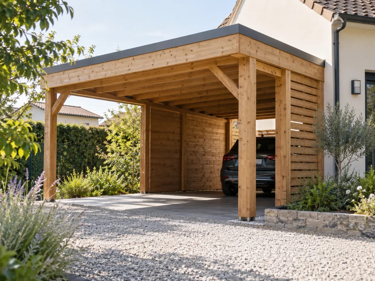 Garage et carport avec structure et bardage bois.