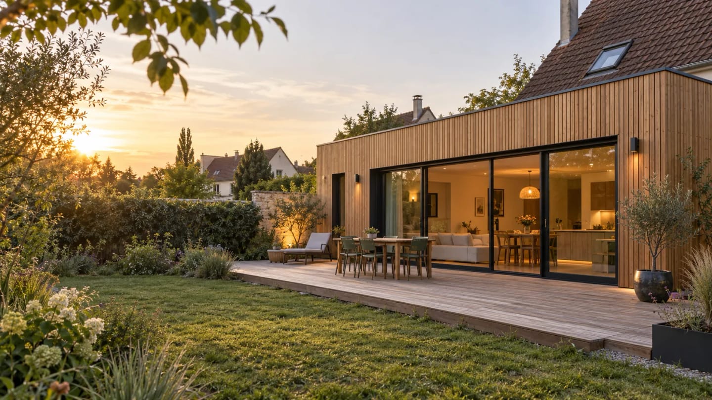 Extension contemporaine en ossature bois avec façade vitrée.